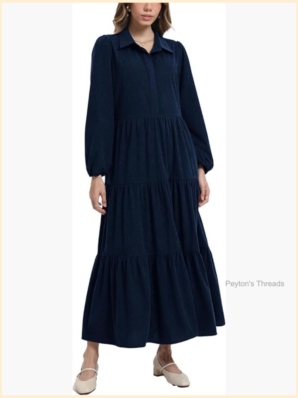 Long Sleeve Button Down Corduroy Maxi Tiered Flowy Dress with Pocket